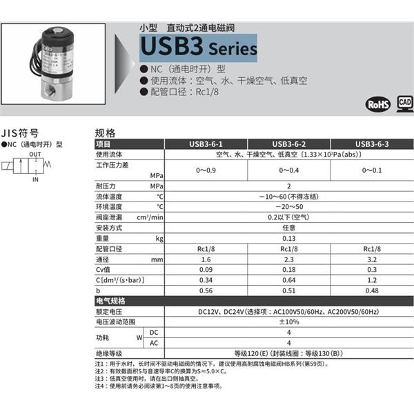 CKD喜開理多種流體小型直動式2通電磁閥USB3-6-3-V-DC24V