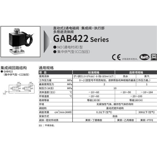 CKD喜開(kāi)理多種流體直動(dòng)式2通電磁集成閥GAB422-3-0-AC100V