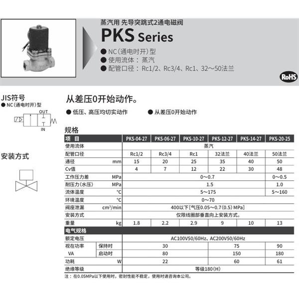 CKD喜開理蒸汽用先導突跳式2通電磁閥PKS-04-27-4N-AC100V