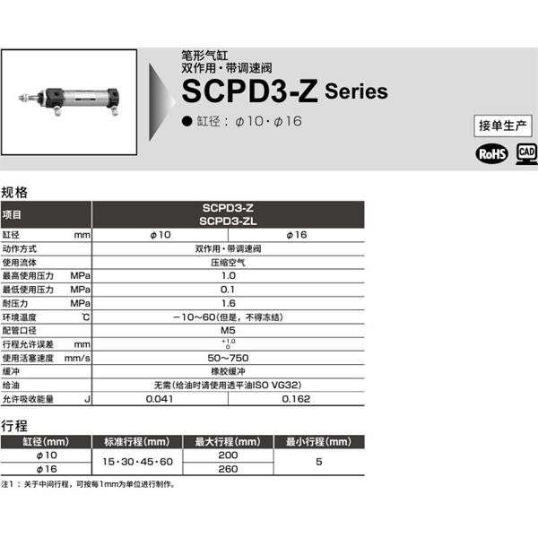 CKD喜開理筆形氣缸SCPD3-ZL-FA-16-200-T5H-T-Y