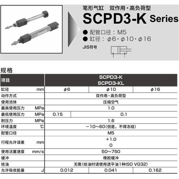 CKD喜開理筆形氣缸SCPD3-KL-00-6-100-R-I