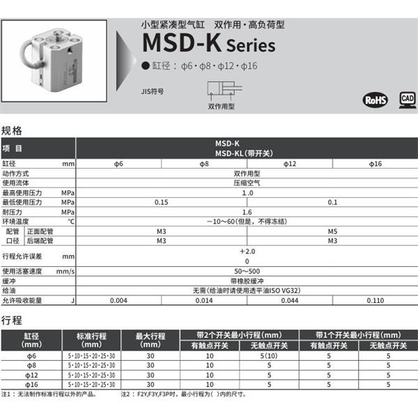 CKD喜開(kāi)理小型緊湊型氣缸MSD-KL-8-20-F0H-R-R