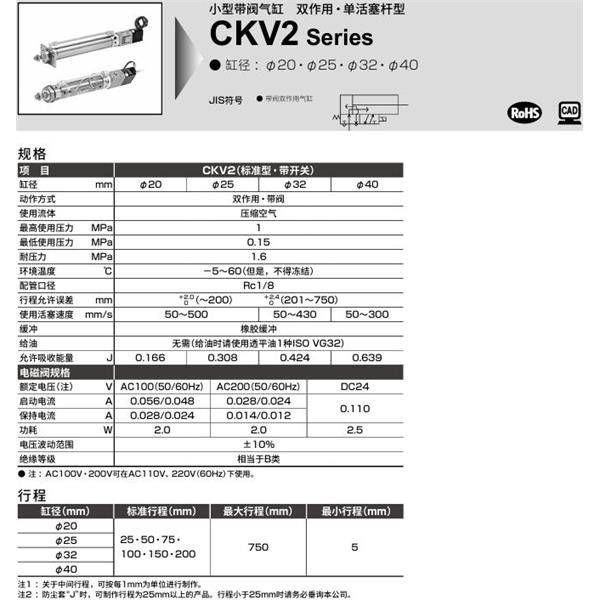 CKD喜開理小型帶閥氣缸CKV2-00-25-25-U-1-JI